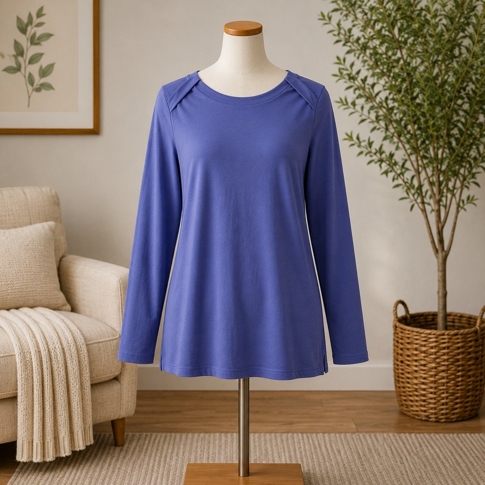 Denim & Co Essentials Navy Blue Boat Neck‎ Long Sleeve Top Large L